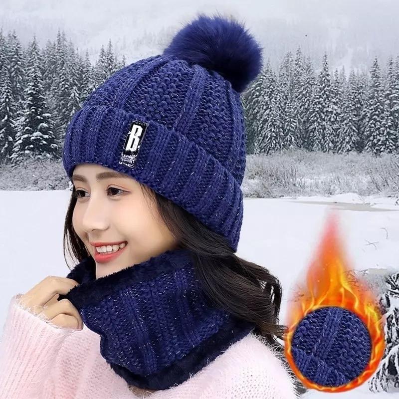 2024 New 2 Pieces Set Women's Knitted Hat Scarf Caps Neck Warmer Winter Hat for Women