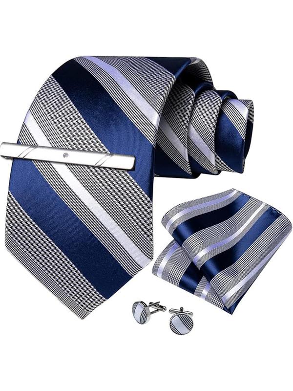 Men's Business Style Tie & Pocket Square & Cufflinks Tie Clip Set, Striped Pattern Set, Fashion Accessories for Men for Work Office