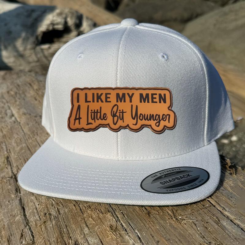 I Like My Men A Little Bit Younger Leather Patch For Trucker Hat And Beanie, Beanie Hat for Men & Women, Hat for Fall & Winter, Fashion Accessories for Cold Weather, Winter Hat, Birthday Outfits Winter Hats for Women Men, Beanie Gifts Christmas