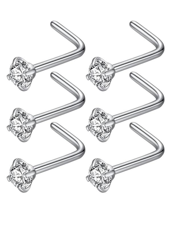 Rhinestone Decorated Nose Studs, 6pcs L Shaped Piercing Nose Rings, Stainless Steel Nose Studs, Body Piercing Jewelry for Women & Men