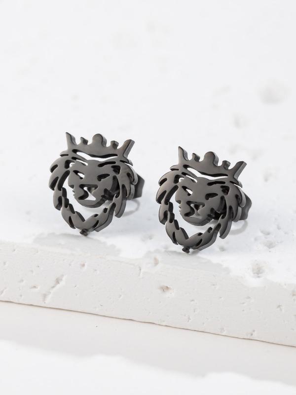 Lion Design Stud Earrings (1 Pair), Fashion Personality Stainless Steel Hollow Crown Lion Animal Stud Earrings for Men Women, Punk Charms Hypoallergenic Jewelry