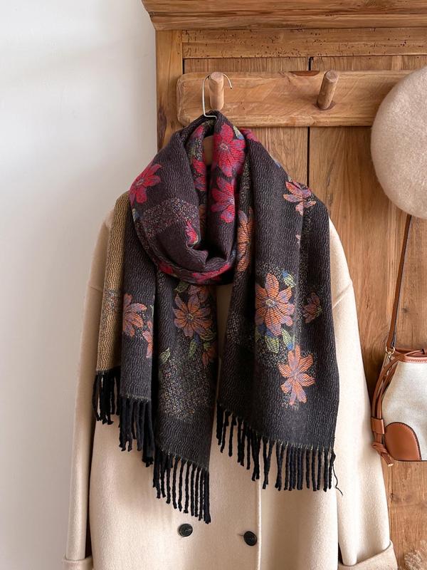 Women's Boho Style Floral Print Tassel Decor Shawl, Casual Warm Long Scarf for Fall & Winter, Fashion Accessories for Women & Girls