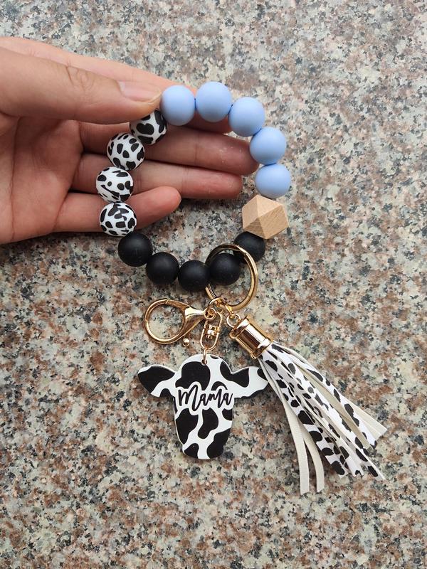 Fashion Colorblock Cow Pattern Tassel Design Beaded Keychain for Women for Gift, Trendy Car Keychain, Creative Clothes Cute Kawaii Accessories, Wristlet Keychain