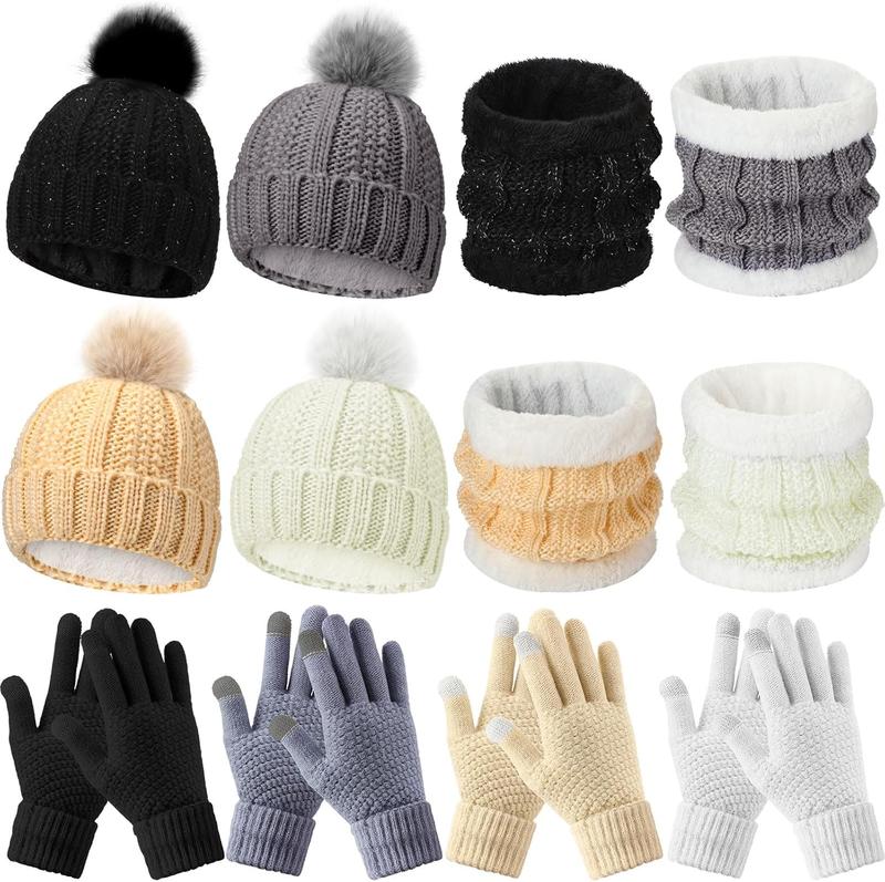 12 count Winter Beanie Hat Scarf Touchscreen Gloves Set Fleece Lined Knit Beanie Hat Neck Warmer Scarf for Men Women