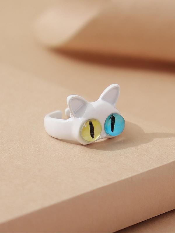 Cute Cartoon Cat Shaped Design Cuff Ring, Creative Animal Eye Decor Zinc Alloy Ring for Women, Fashion Accessories for Party, Elegant All-match Fashion Accessories for Daily Wear