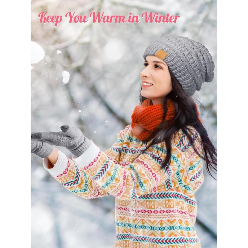 4 Counts Winter Glove and Hat Set Women Winter Hat Touchscreen Gloves Warm Knitted Beanie Hats and Gloves for Women