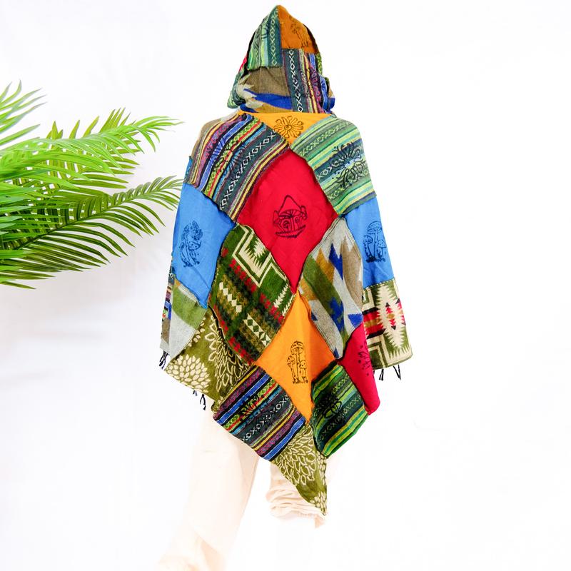 Patchwork Boho Style Warm Unisex Ponchos, Fall Winter Handwoven Pullover, Oversized Men Women Colorful Boho Wraps, Retro Style Sweater with Hoodie