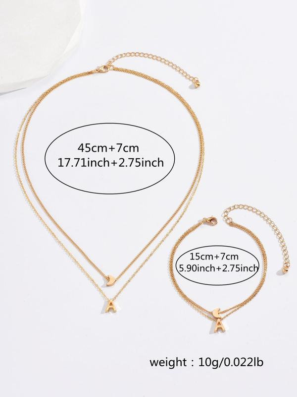 2pcs set Women's Elegant Moon & 26 Letter Design Layered Pendant Necklace & Link Bracelet, Simple Style Trendy Bracelet & Pendant Necklace, Fashion Accessories for Party & Daily Decoration