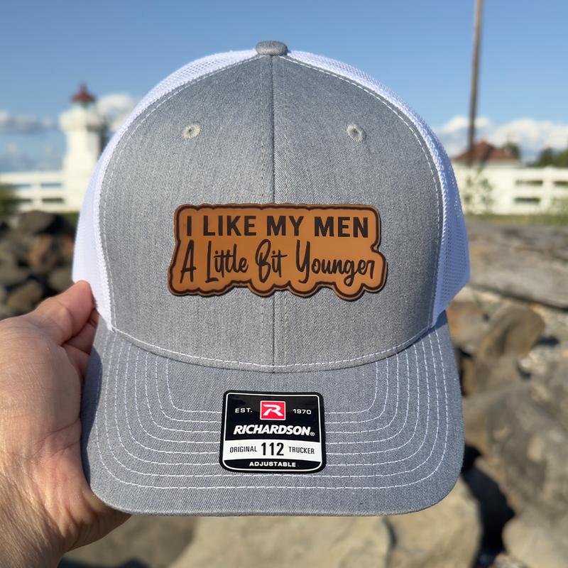 I Like My Men A Little Bit Younger Leather Patch For Trucker Hat And Beanie, Beanie Hat for Men & Women, Hat for Fall & Winter, Fashion Accessories for Cold Weather, Winter Hat, Birthday Outfits Winter Hats for Women Men, Beanie Gifts Christmas