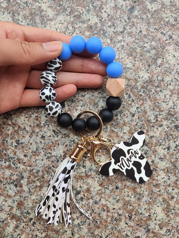 Fashion Colorblock Cow Pattern Tassel Design Beaded Keychain for Women for Gift, Trendy Car Keychain, Creative Clothes Cute Kawaii Accessories, Wristlet Keychain