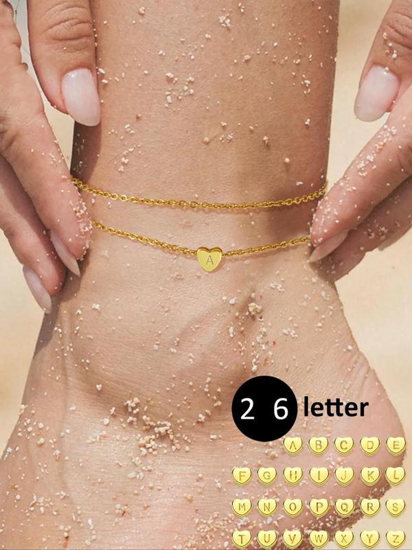 Letter Charm Link Anklet for Women for Gift, 1 Count Rhinestones Heart Decor Layered Anklet, Stainless Steel Matching Jewelry