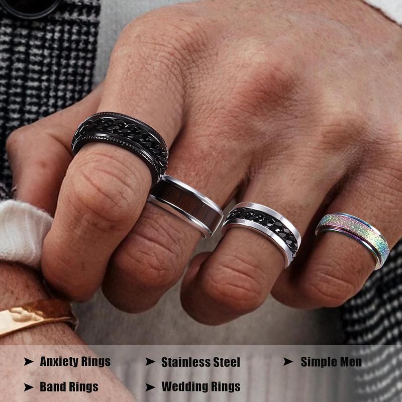 16Pcs Stainless Steel Fidget Rings for Men Women Stress Anxiety Relief Rings Black Cool Chain Band Spinner Rings Set for Wedding Promise Mens Rings Pack