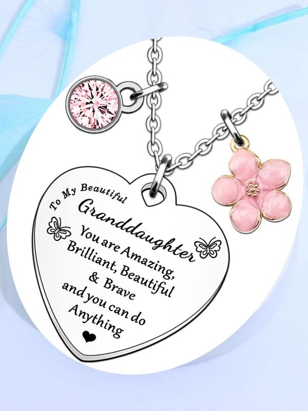 Cute Heart Shaped Pendant Necklace with Rhinestones & Flower Decor, Fashion Jewelry Accessories for Granddaughter As Gift