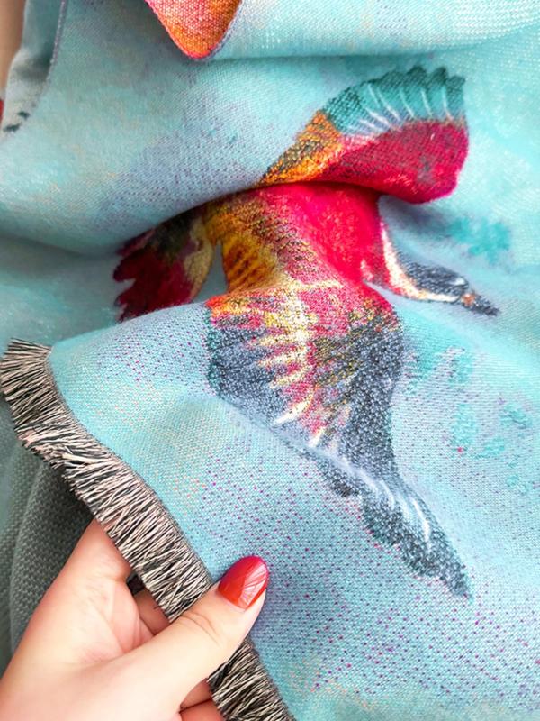 Women's Colorblock Bird Print Scarves, Casual Soft Warm Shawl for Fall & Winter, Fashion Accessories for Daily Wear