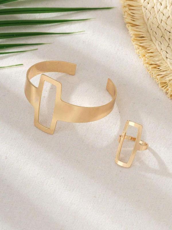 Fashion Simple Geometric Square Design Jewelry Set, Hollow Out Ring & Bracelet, Fashion Jewelry for Party, Daily Clothing Decor, Trendy All-match & Exquisite Jewelry for Birthday Gift