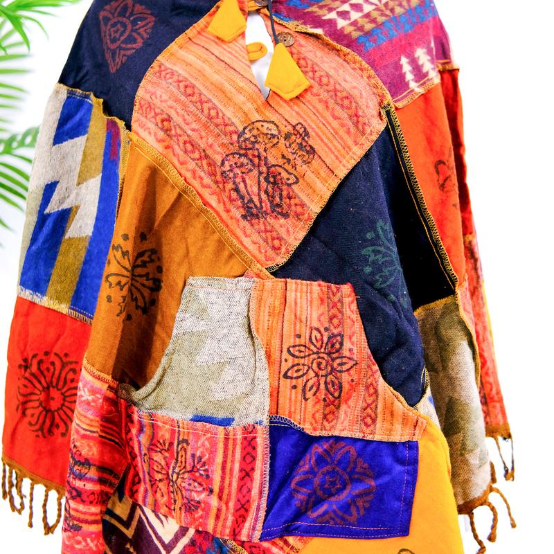 Patchwork Boho Style Warm Unisex Ponchos, Fall Winter Handwoven Pullover, Oversized Men Women Colorful Boho Wraps, Retro Style Sweater with Hoodie