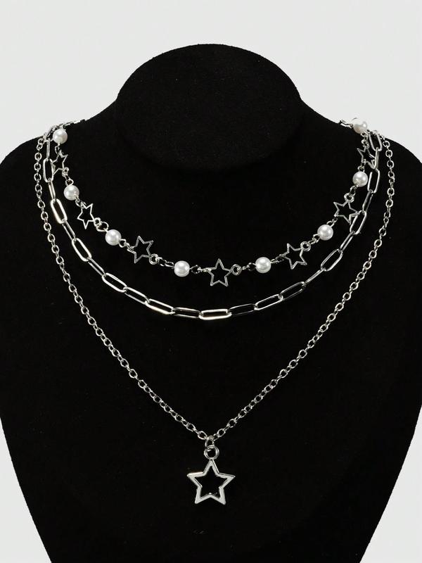 Punk Style Chain & Star Design Pendant Necklace (3pcs set), Faux Pearl Decor Layered Necklace, Fashion Accessories for Women & Girls, Trendy All-match & Exquisite Jewelry for Birthday Gift