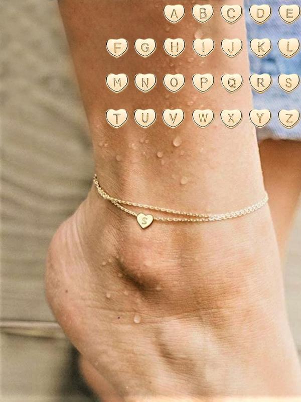 Letter Charm Link Anklet for Women for Gift, 1 Count Rhinestones Heart Decor Layered Anklet, Stainless Steel Matching Jewelry