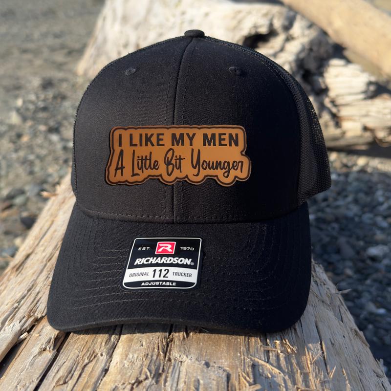 I Like My Men A Little Bit Younger Leather Patch For Trucker Hat And Beanie, Beanie Hat for Men & Women, Hat for Fall & Winter, Fashion Accessories for Cold Weather, Winter Hat, Birthday Outfits Winter Hats for Women Men, Beanie Gifts Christmas