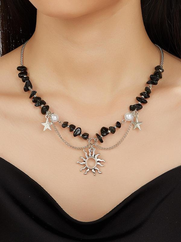 Faux Pearl Decorated Star Design Pendant Necklace for Women, Fashion Solid Color Stone Decor Sun Pendant Necklace, Trendy Jewelry Gift for Party, Daily Clothing Decor for Girl