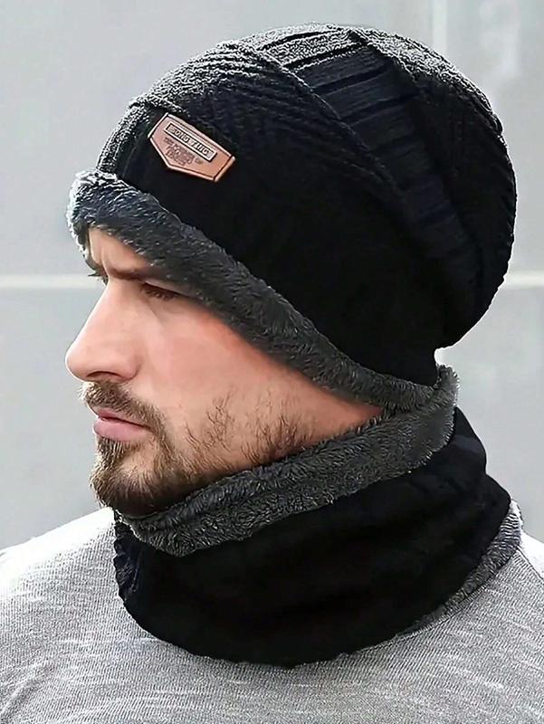 1 Pc Lined Infinity Scarf Hat Set Winter Thickened Warm Neck Gaiter Knitted Beanie Cap Combination Men's Outdoor Winter Thickened Plus Velvet Woolen Hats For Outdoor Mountaineering, Skiing,Cycling Large Size Cold Protection Versatile Fashion Hat