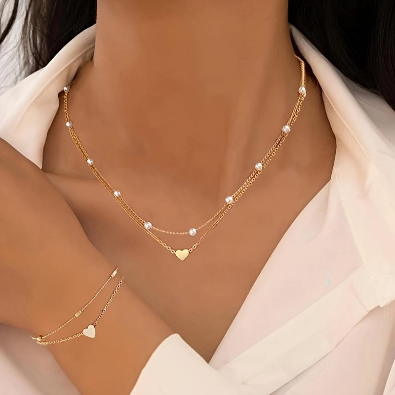 3 pcs Set 1 Double Layer Bracelet + 2 Necklace Suit Simple Love Imitation Bead Multi-Layer Chainlet and Necklace Set Suit Women Holiday Party Dating Soft Daily Match