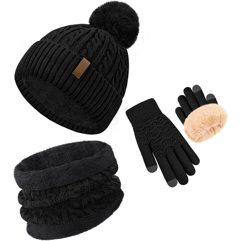 3 count Winter Beanie Hat Scarf Gloves Set for Women Thick Warm Knit Lined Skull Cap Neck Warmer Touch Screen Gloves