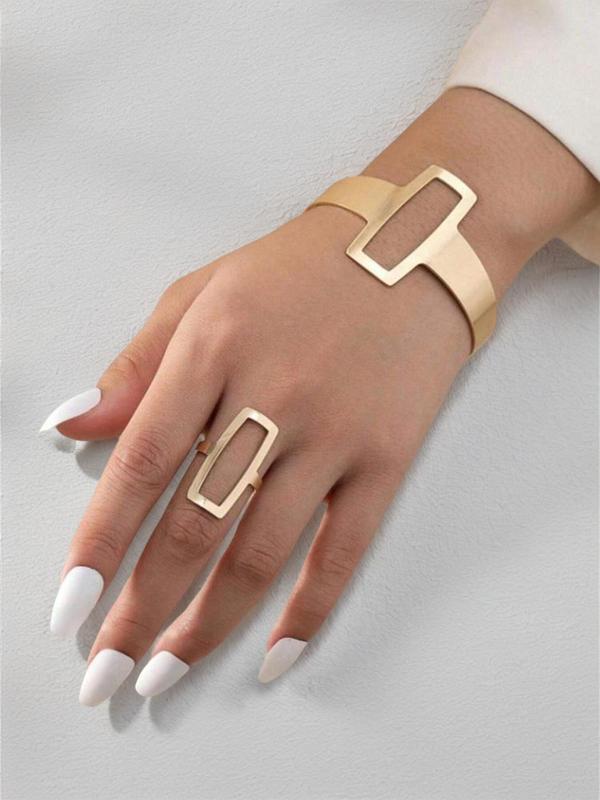 Fashion Simple Geometric Square Design Jewelry Set, Hollow Out Ring & Bracelet, Fashion Jewelry for Party, Daily Clothing Decor, Trendy All-match & Exquisite Jewelry for Birthday Gift