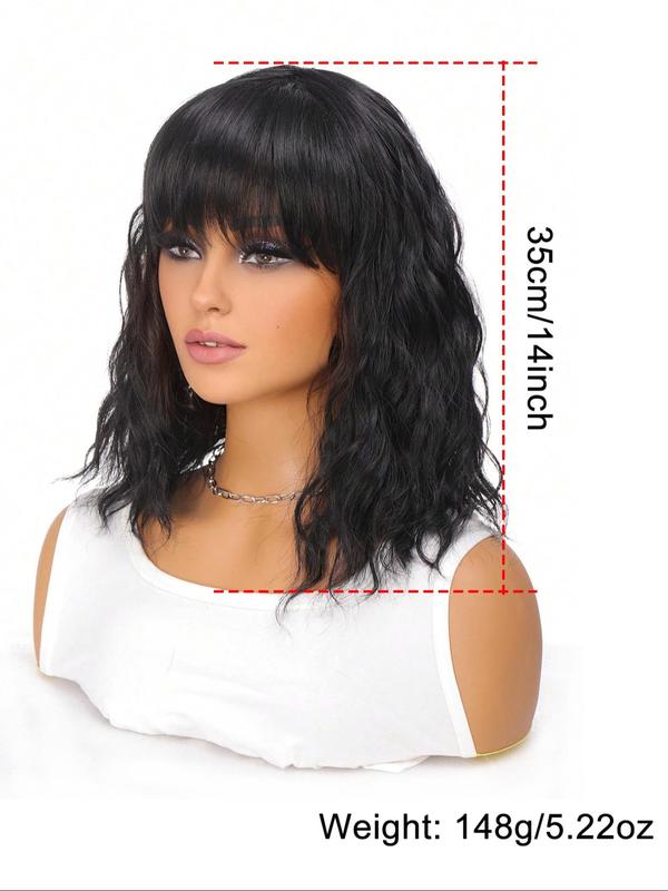 14 Inch Black Long Curly Wigs for Women, Gorgeous Fluffy Wigs with Bangs, Synthetic Full Machine Wigs for Party, Daily Use