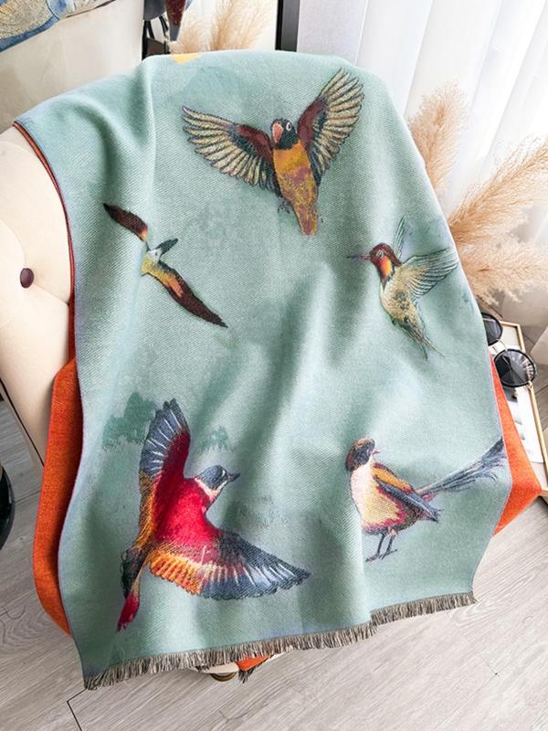 Women's Colorblock Bird Print Scarves, Casual Soft Warm Shawl for Fall & Winter, Fashion Accessories for Daily Wear