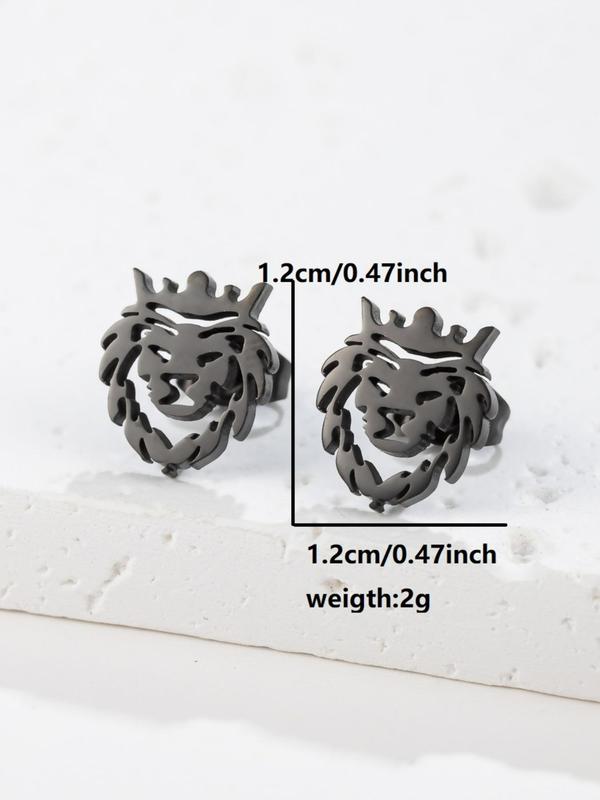 Lion Design Stud Earrings (1 Pair), Fashion Personality Stainless Steel Hollow Crown Lion Animal Stud Earrings for Men Women, Punk Charms Hypoallergenic Jewelry