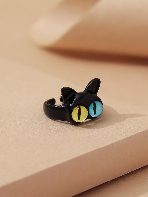 Cute Cartoon Cat Shaped Design Cuff Ring, Creative Animal Eye Decor Zinc Alloy Ring for Women, Fashion Accessories for Party, Elegant All-match Fashion Accessories for Daily Wear