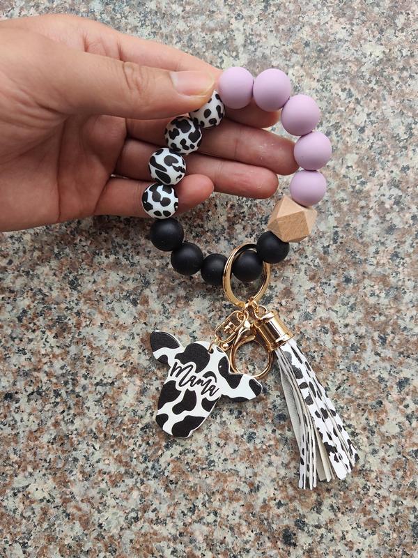 Fashion Colorblock Cow Pattern Tassel Design Beaded Keychain for Women for Gift, Trendy Car Keychain, Creative Clothes Cute Kawaii Accessories, Wristlet Keychain