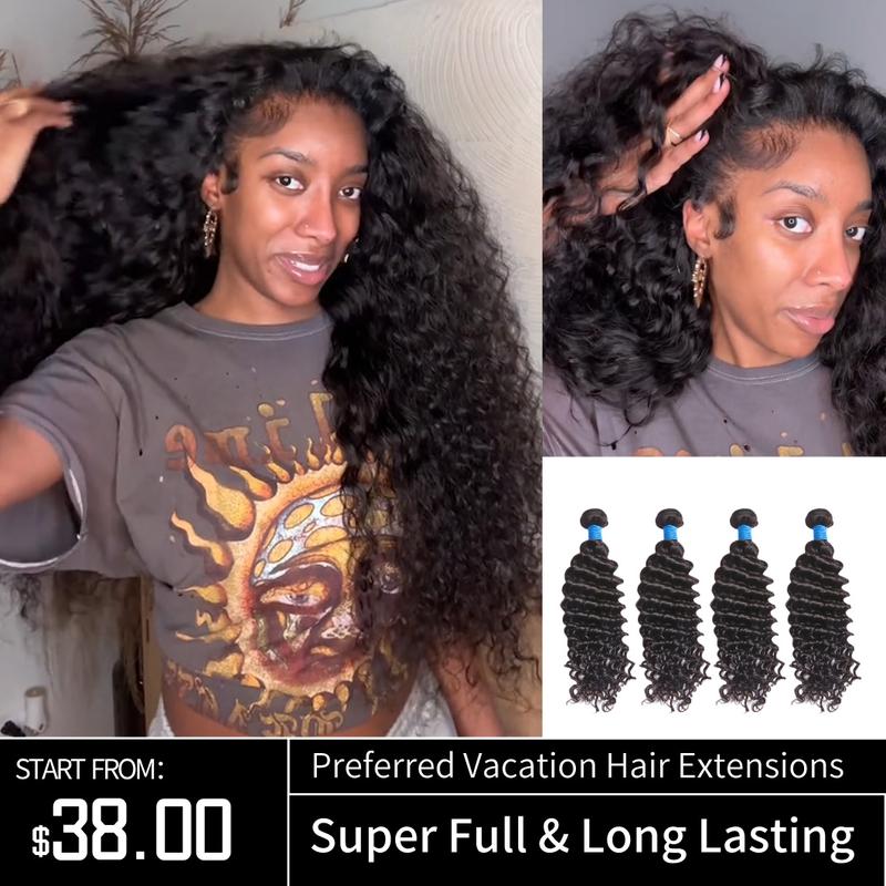 [Cyber Monday] Ashine Vacation Hair Brazilian Virgin 100% Human Hair Deep Wave Deep Curly Bundles Sew In Quick Weave Ponytail Closure Extensions