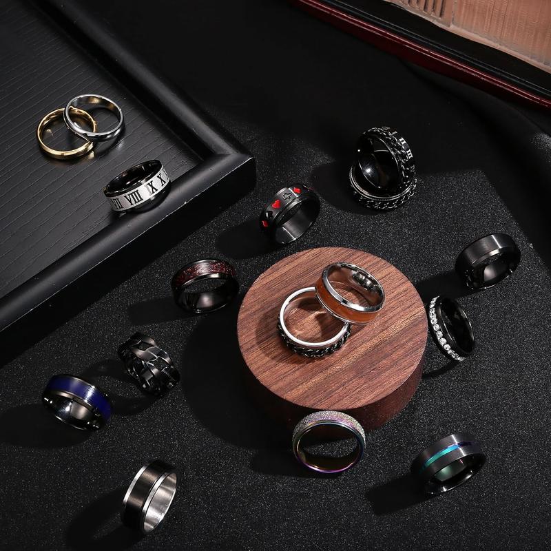 16Pcs Stainless Steel Fidget Rings for Men Women Stress Anxiety Relief Rings Black Cool Chain Band Spinner Rings Set for Wedding Promise Mens Rings Pack