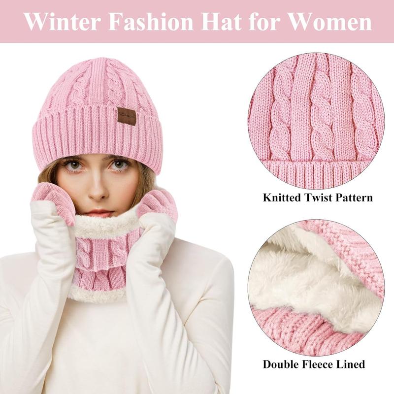 Womens Beanie Hat Scarf Touch Screen Gloves Set for Women Warm Knit Fleece Lined Skull Caps  Warmer Gifts