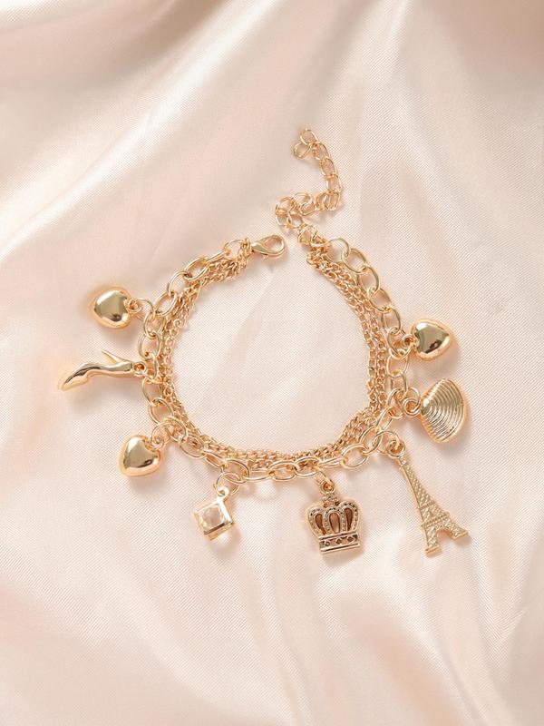 Unique Rhinestone Decorated Layered Design Charm Anklet, with Heart & Shell & Crown & Heel & Tower Charm Decor, Exquisite Trendy Layered Chain Anklet for Beach, Travel, Daily Clothing Decoration, Fashionable Body Jewelry for Women & Girls