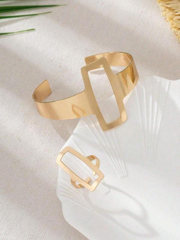 Fashion Simple Geometric Square Design Jewelry Set, Hollow Out Ring & Bracelet, Fashion Jewelry for Party, Daily Clothing Decor, Trendy All-match & Exquisite Jewelry for Birthday Gift