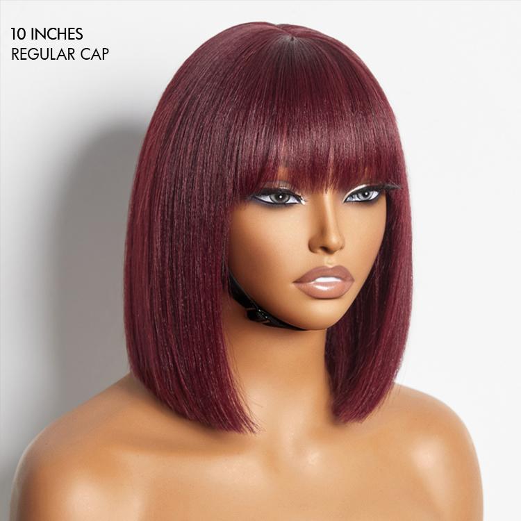 LUVME Put On And Go Realistic Glueless Yaki Straight Bob With Bangs Minimalist Undetectable HD Lace Wig