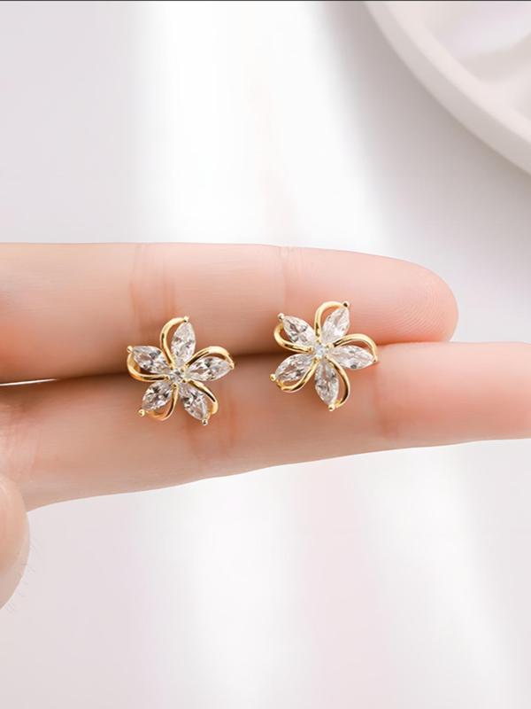 1 Pair Minimalist Elegant Rhinestone Decor Flower Shaped Design Stud Earrings, Fashion Jewelry For Women