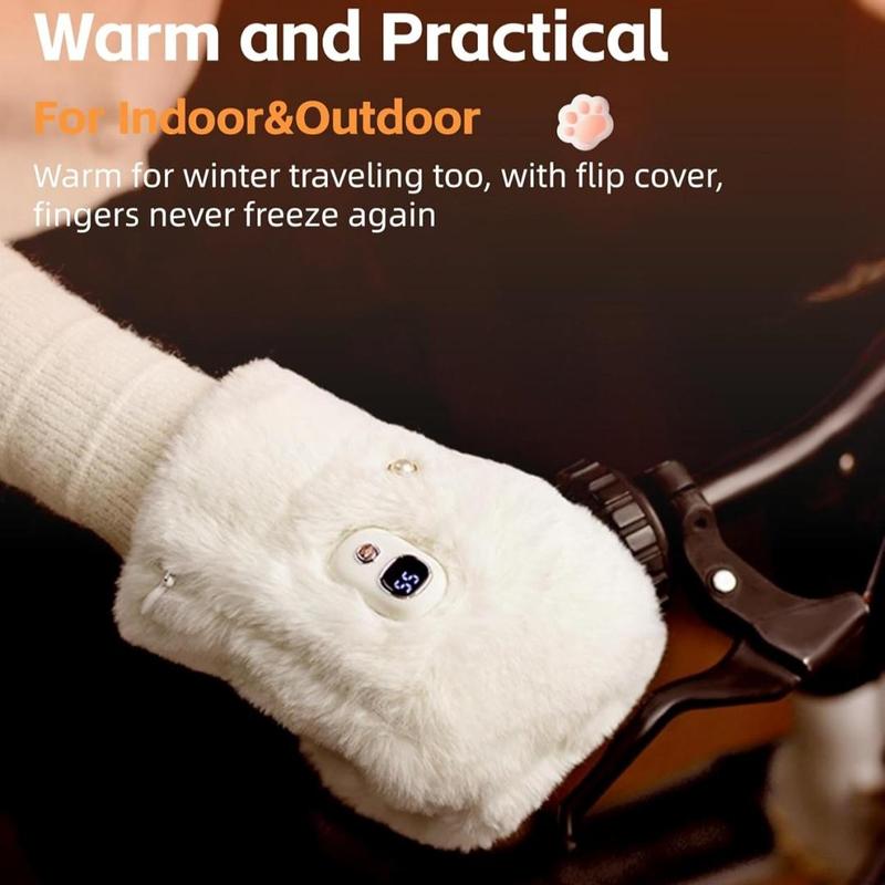 Cute Cat Design Electric Heated Gloves, 2000mAh Battery Fingerless Plush Cat Winter Heating Warming Gloves, Household Gloves for Women Girls