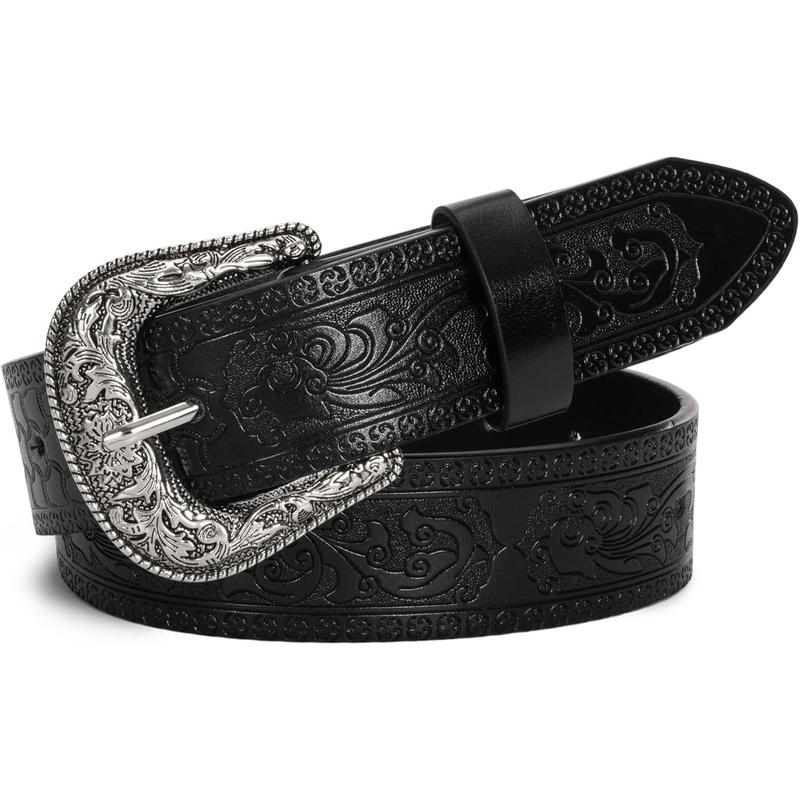 Vintage Western-Cowboy-Belt for Women Men - Carved Buckle PU Leather Waist Belts (for Waist 28