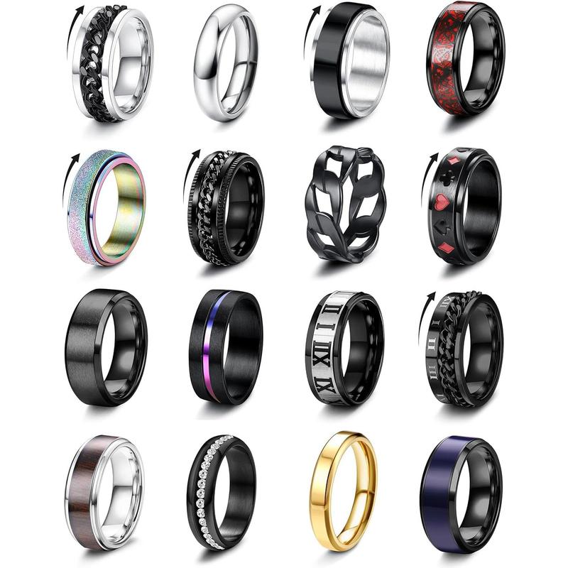 16Pcs Stainless Steel Fidget Rings for Men Women Stress Anxiety Relief Rings Black Cool Chain Band Spinner Rings Set for Wedding Promise Mens Rings Pack