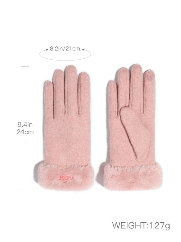 Women's Solid Color Wool Knitted Gloves, Windproof Velvet Thick Warm Outdoor Riding Gloves, Fashion Accessories for Fall & Winter