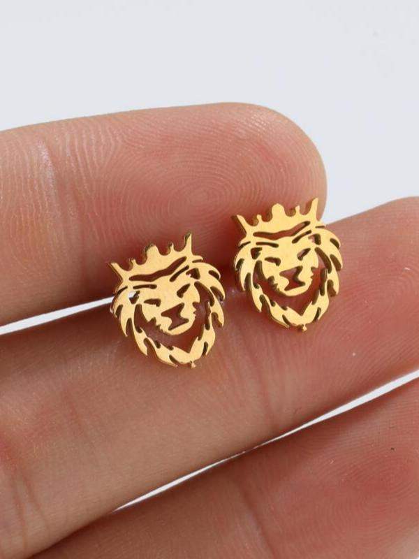 Lion Design Stud Earrings (1 Pair), Fashion Personality Stainless Steel Hollow Crown Lion Animal Stud Earrings for Men Women, Punk Charms Hypoallergenic Jewelry