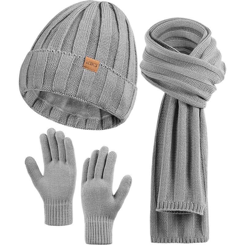 Womens Winter Beanie Warm Knit Hat Long Neck Scarf Touchscreen Gloves Set with Fleece Lined Skull Caps Gifts for Women Men