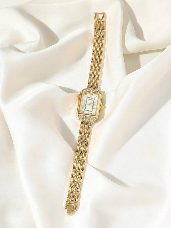 CARYINO 1PC Women's Gold Stainless Steel Strap Watch, Square Face Inlaid with Diamonds, Elegant and Versatile for Business and Casual Wear, Exquisite Quartz Watch for Daily Life