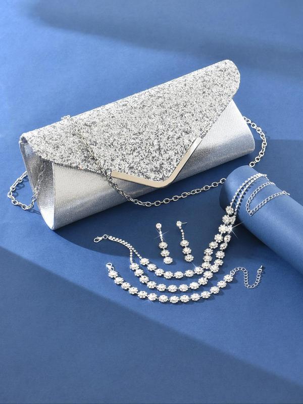 Women's Elegant Rhinestone Decorated Necklace & Earrings & Bracelet & Ring & Envelope Bag, Exquisite Trendy Jewelry Set for Party & Wedding & Dating