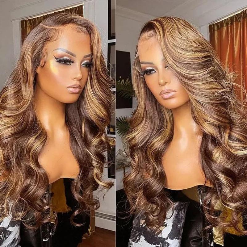 Lemoda 13x6 Full Lace Frontal Wig 180 Density Highlight Ombre 13x4 Lace Front Wig Human Hair Body Wave Transparent Lace Pre Plucked Honey Blonde Human Hair Wigs for Women P4 27 Color