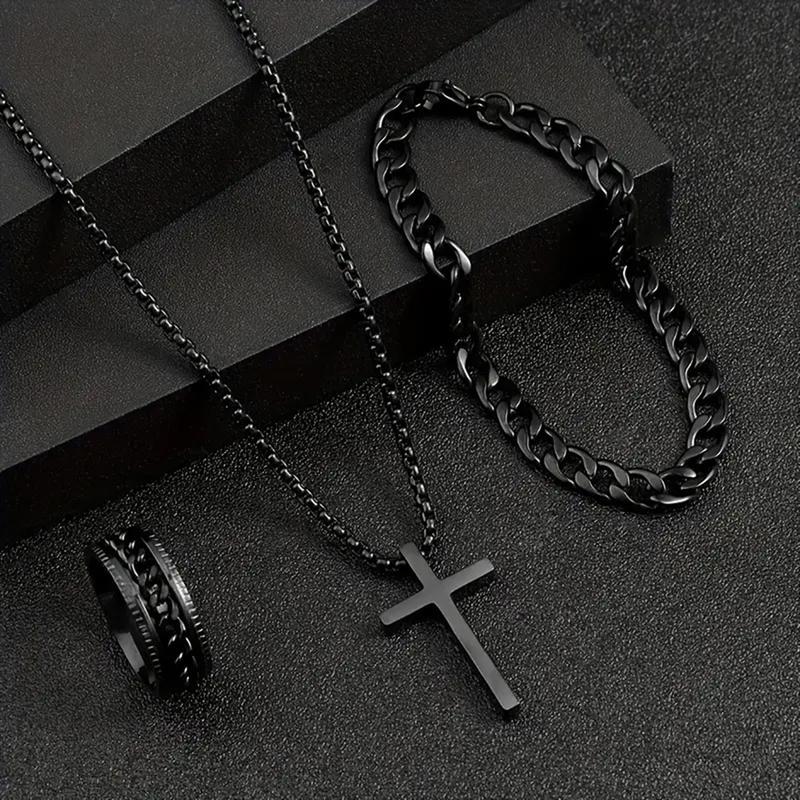 Men's Punk Style Matching Jewelry Set, Cross &Chain Design Pendant Necklace & Bracelet &.Ring Back To School, Jewelry Men Accessoriesfor Party & Daily Gift Kit Women, Fall Outfits, FallFreshness Fall